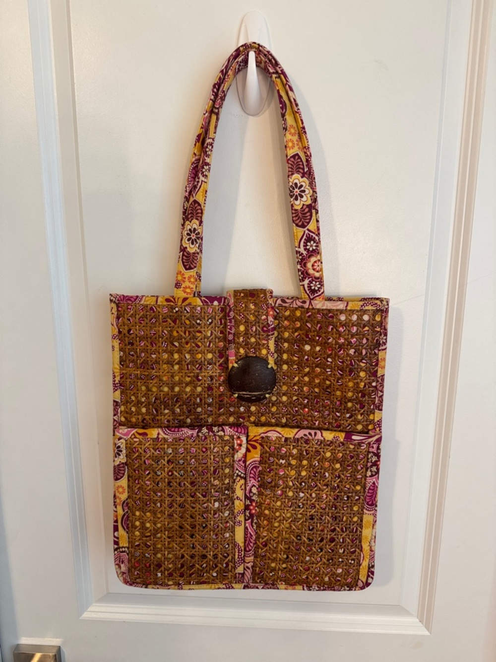 Vera Bradley Yellow and Purple Floral Trim Woven Tote